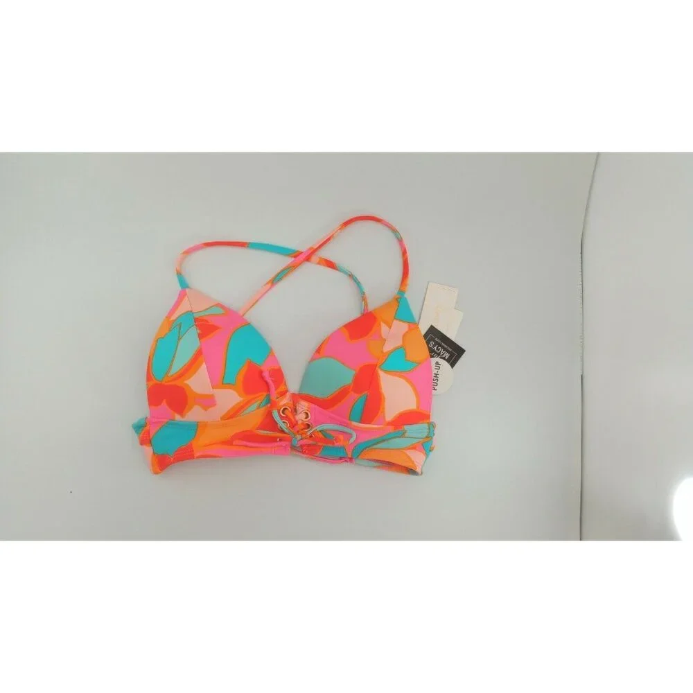 Hula Honey RED MULTI Juniors' Garden Party Lace-up Push-up Bikini Top, SMALL - Picture 3 of 5